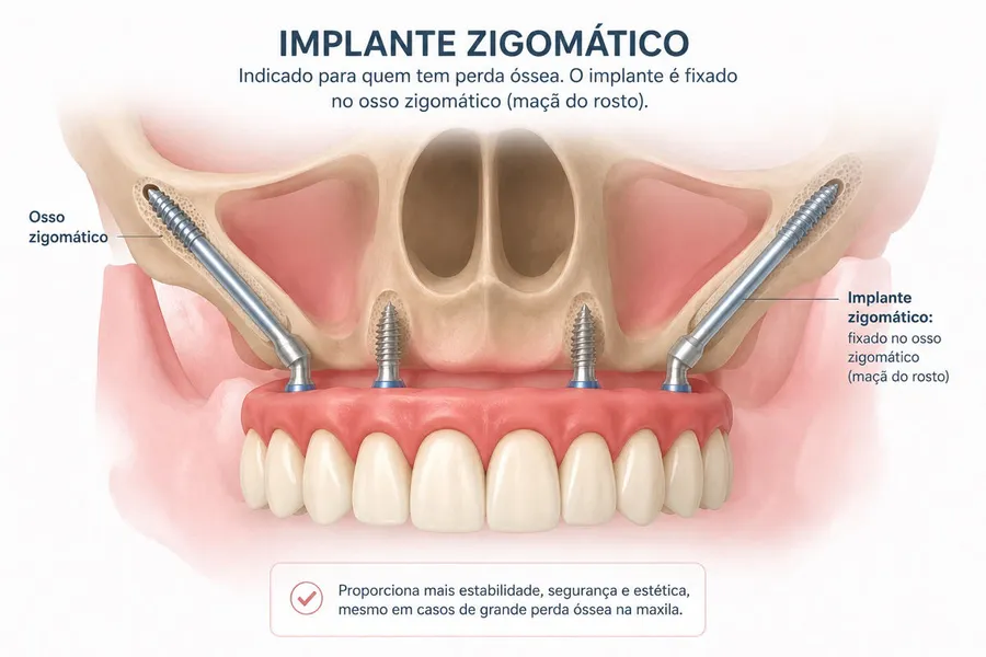 Ilustração do implante zigomático: implantes fixados no osso zigomático (maçã do rosto) sustentando a prótese superior